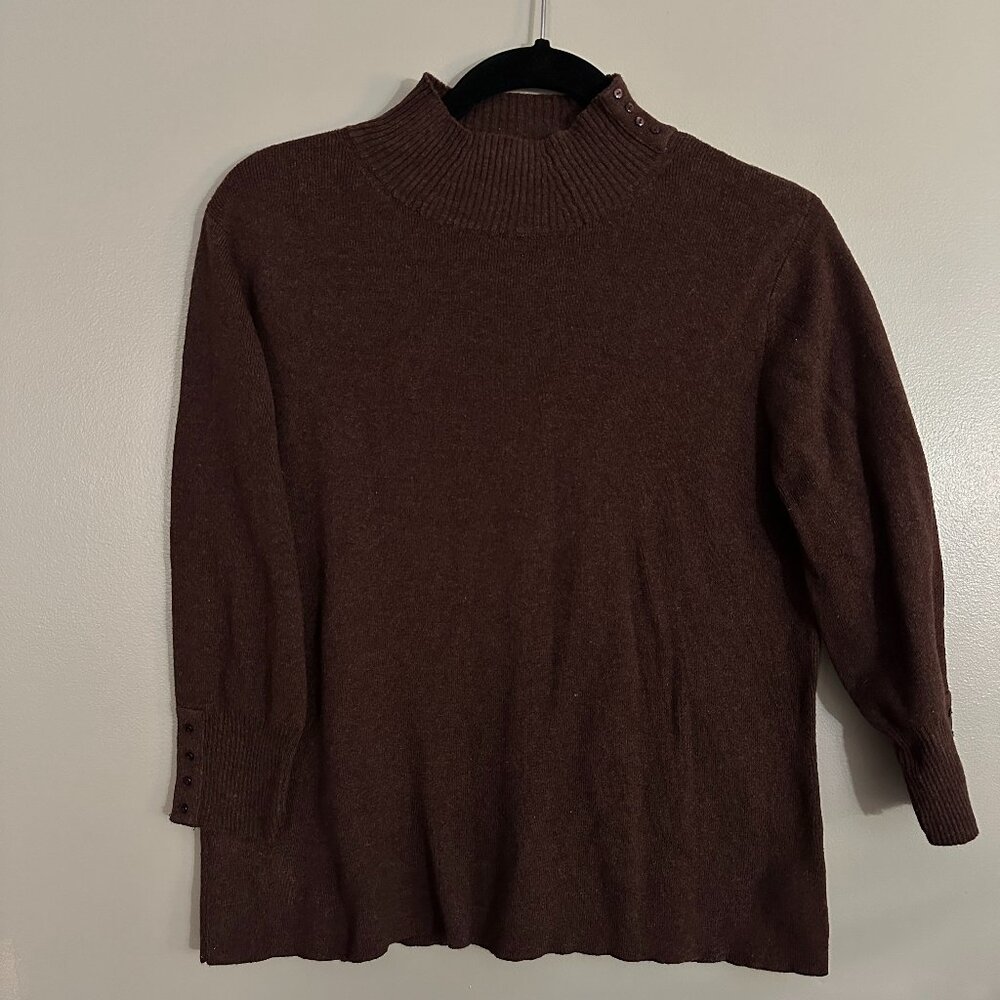 Cold Water Creek Wool Sweater Warm Dark Brown Mock Neck Button Detail Size M